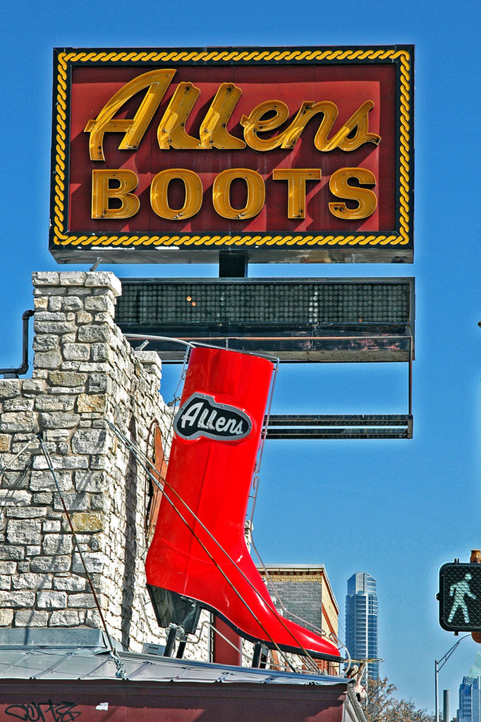"Allens Boots" ~ Sign for Allens Boots with a big red boot on South Congress Ave in Austin, TX.
