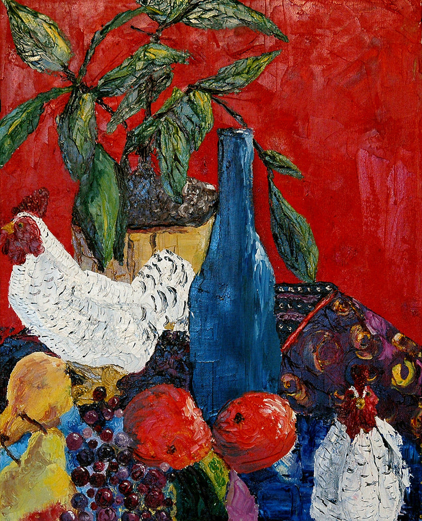"Chickens" ~ Still life oil painting of two chickens, a blue bottle and some fruit, by Ann Woodall