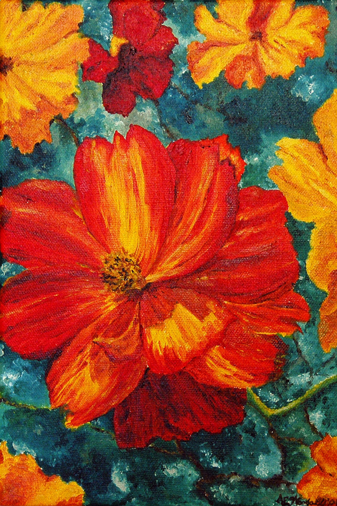 "Cosmos" ~ Oil painting of bright orange cosmos flowers, by Ann Woodall.