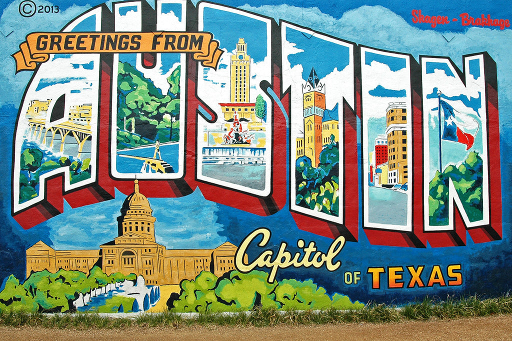 "Greetings From Austin" ~ Austin mural a la vintage postages. Photo by Ann Woodall