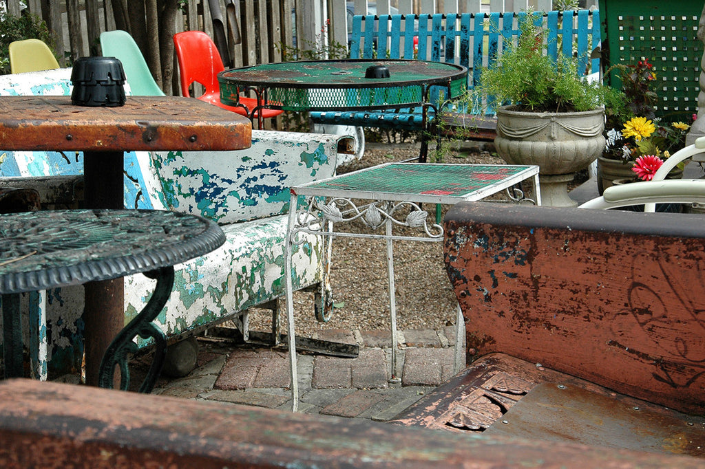 "Patio" ~ Vintage furniture at Spider House Coffee Shop in Austin, TX. Photo by Ann Woodall
