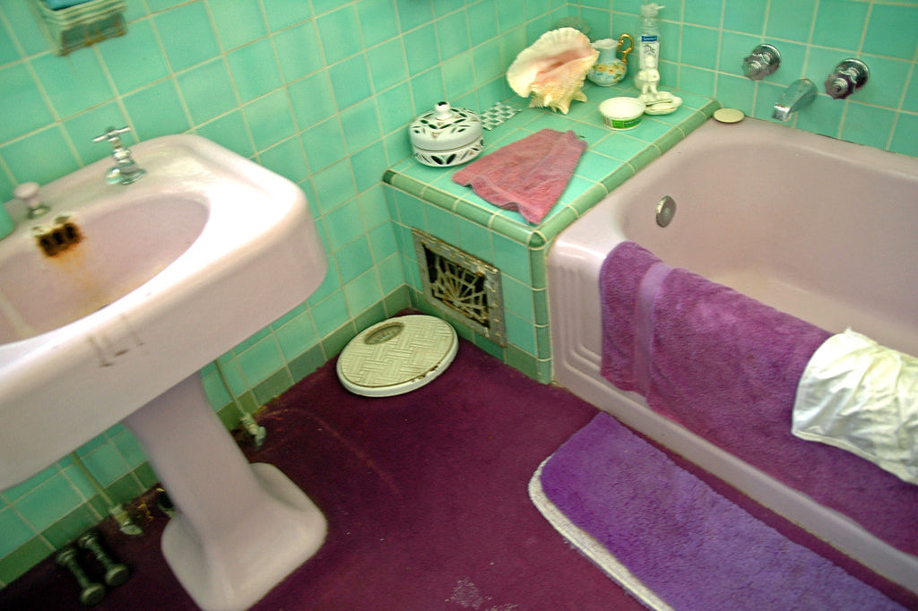 "Purple Bath" ~ Close up section of a purple and green vintage bathroom. Photo by Ann Woodall