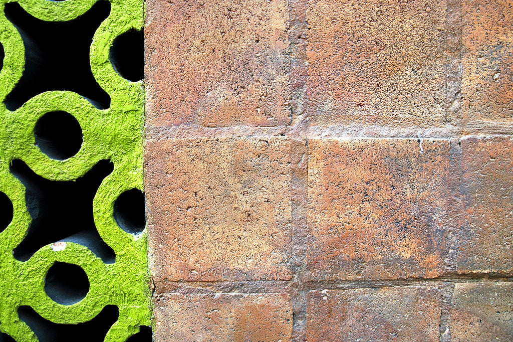 "Wall #21" ~ Pink cinder block and lime green lattice concrete wall. Photo by Ann Woodall