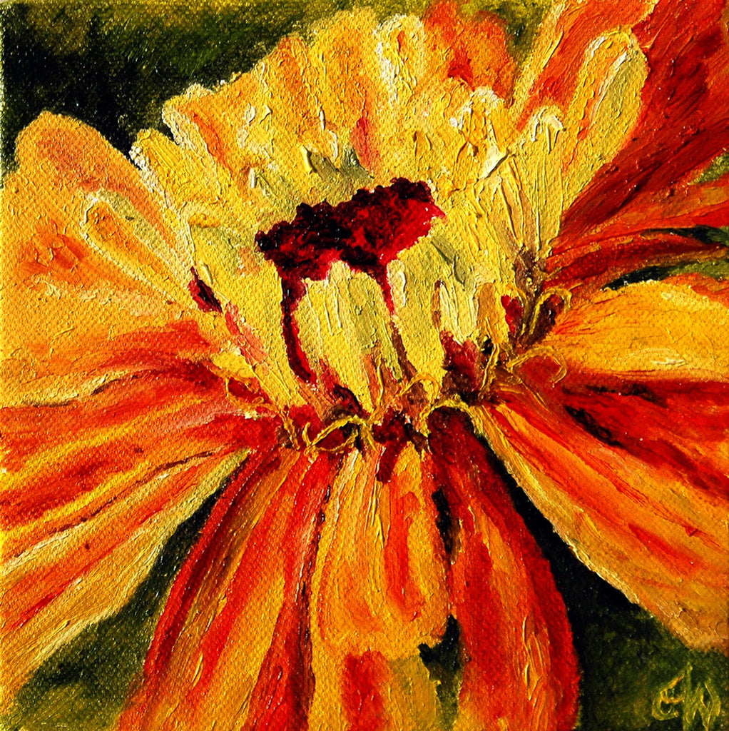 "Yellow Zinnia" ~ Oil painting of a yellow zinnia flower. Photo and painting by Ann Woodall
